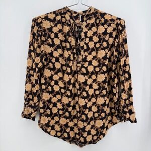 Free People Blouse Women XL Black Tan Floral Viscose Split Tie Neck Boho Top